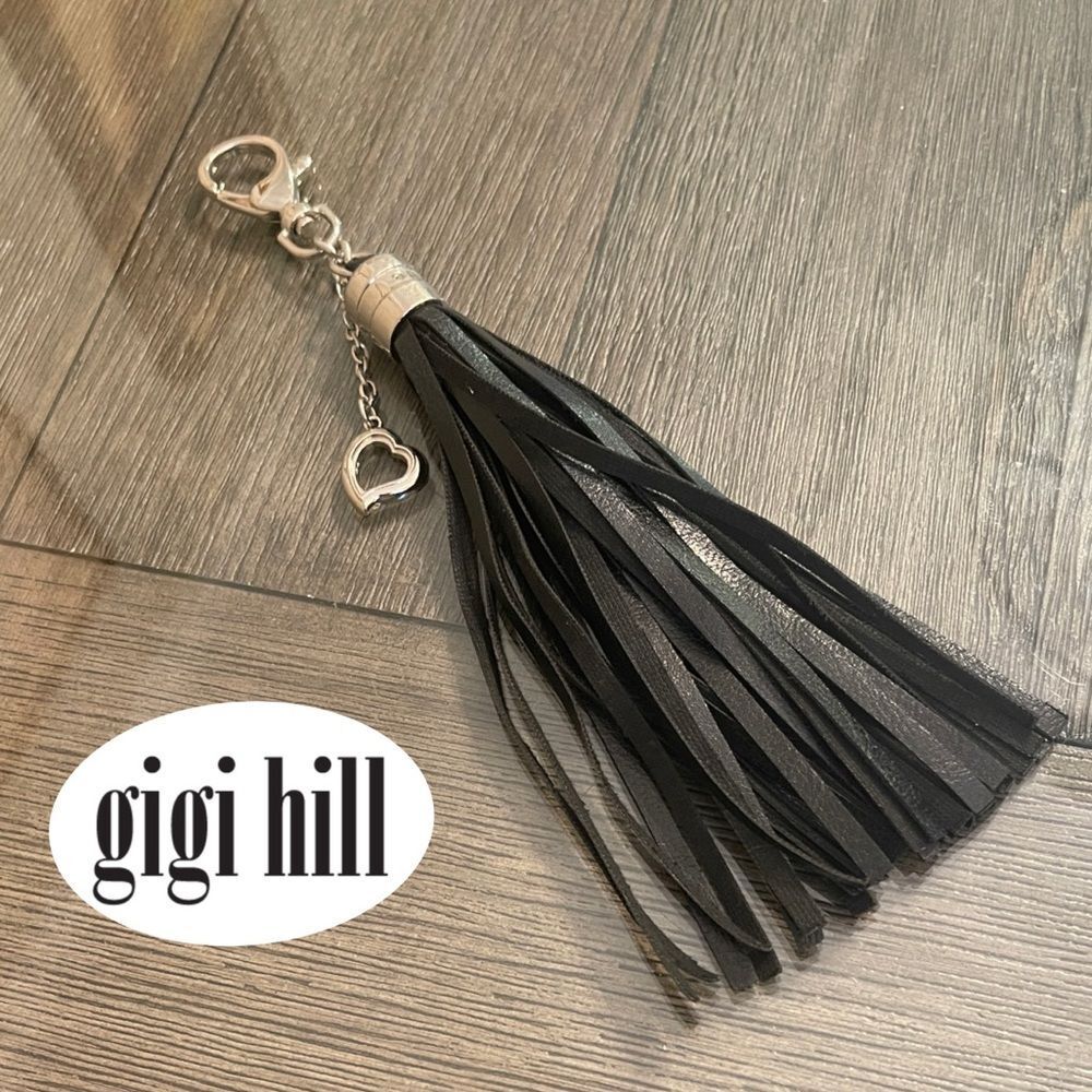 Gigi Hill Key Chain Bag Charm Faux Leather Tassel Black & Silver-tone